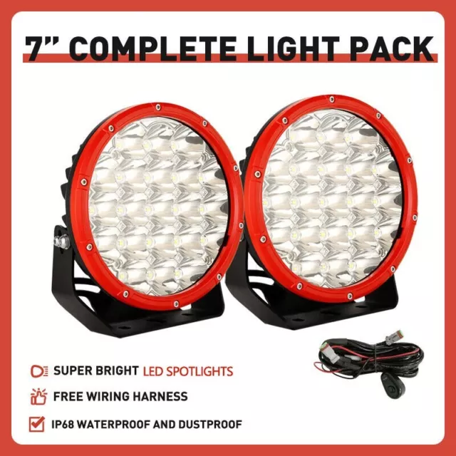 Pair Spot 7inch Round LED Driving Work Lights Spotlights Red Offroad 4x4 SUV ATV