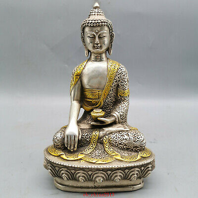 6.8" Antique old China Tibetan Silver gilt Shakya Muni statue Asian Collection