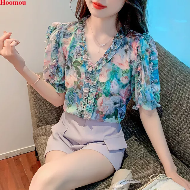 Korean Fashion Women Floral Chiffon Balloon Sleeve Casual Tops Blouse Shirts