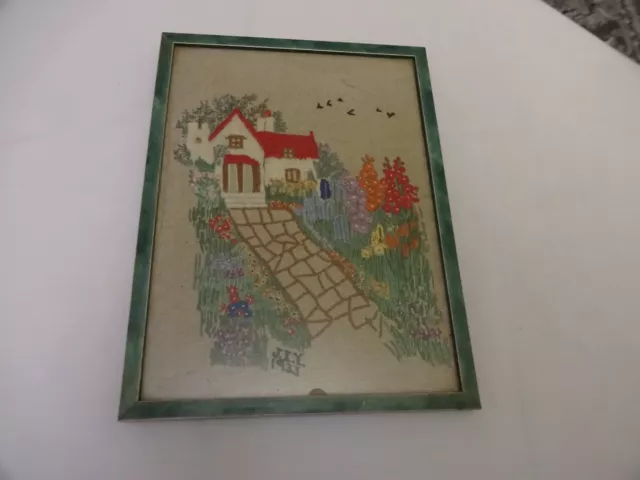 Antique Handmade Wool Work Picture Needlework Tapestry Embroidery 1933 26x20 cm