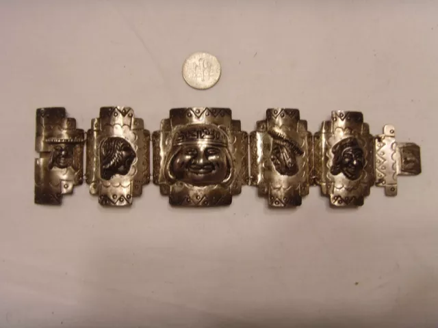 massive sterling silver antique custom bracelet peru mayan figure faces 46056