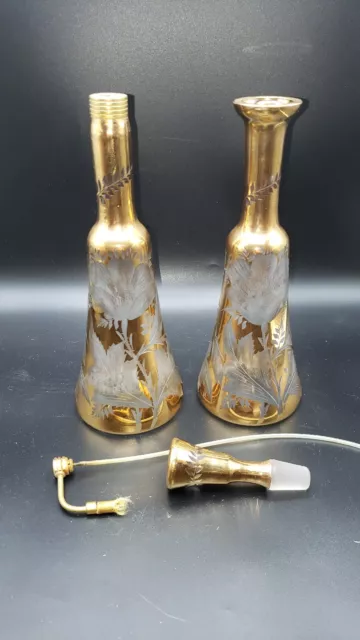 Vintage Blown Glass Perfume Bottles Gold Etched Set of 2 Matching Pair Large