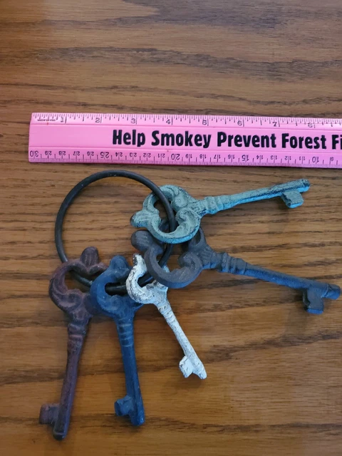Painted Victorian Keys On Ring Set of 5 Cast Iron Skeleton Old Vintage Style