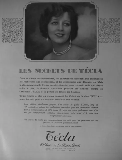 Publicité 1927 Les Secrets De Técla Collier De Perles D'orient - Advertising