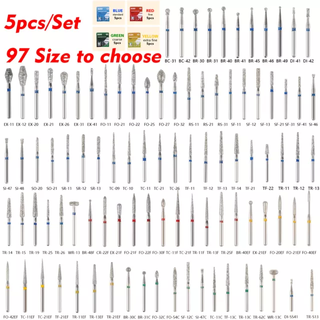 5pcs Dental Diamond Burs FG Drill for High Speed Handpiece 1.6mm 97 Types