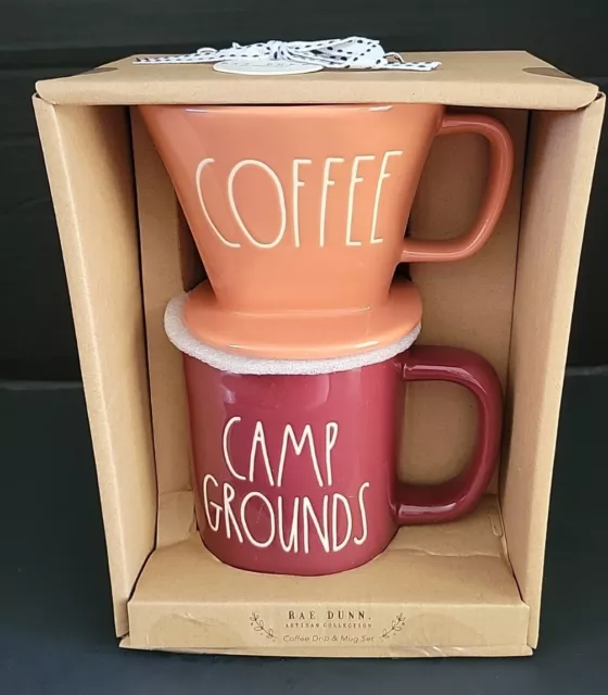 Rae Dunn COFFEE CAMP GROUNDS - 2 Piece Ceramic Drip & Mug Set - NEW Gift Boxed