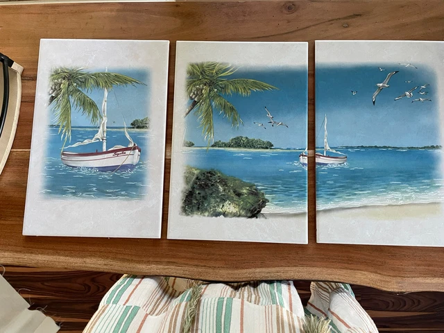 Set of 3 Painted Mexican Tiles Large Ocean