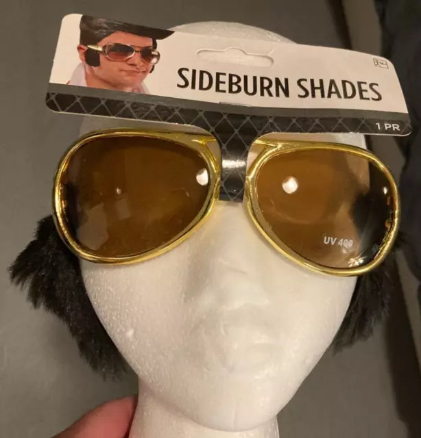 Elvis Presley Sunglasses with Sideburns Gold Costume Glasses Dark Lenses NEW