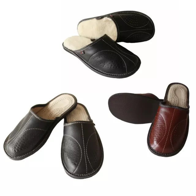 Leather Slippers for Men Slip On House Shoe Moccasin Size 6.5-11 Wool Mule Scuff