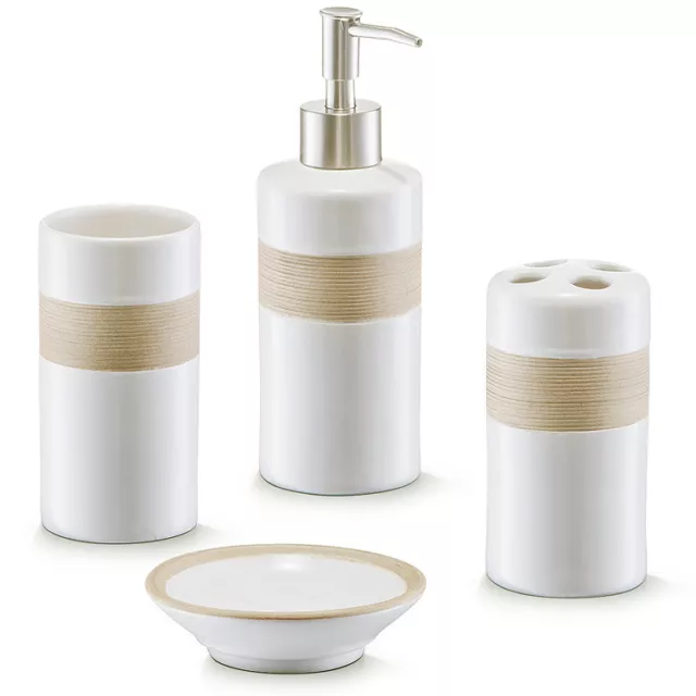 4tlg Badset beige weiß Badezimmer Bad Set Seifenspender WC Keramik Becher