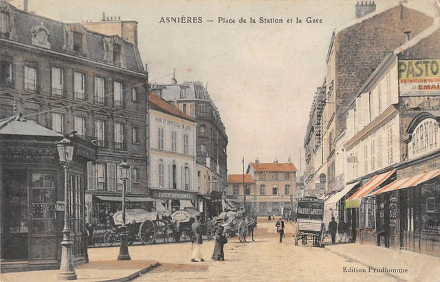 CPA 92 ASNIERES PLACE DE LA STATION ET LA GARE (Colorized Shot