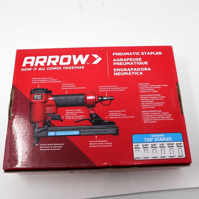 Arrow PT50 Oil-Free Pneumatic Staple Gun, Fits 1/4” To 9/16” Staples, Heavy Duty