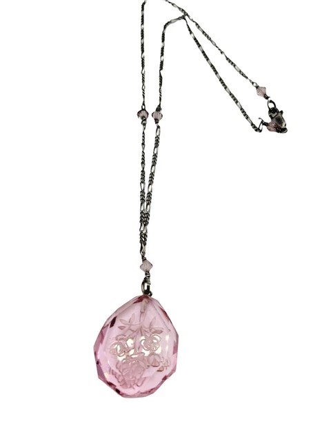 Vintage 1920's Art Deco Intaglio Floral Glass Pendant Necklace (A348)