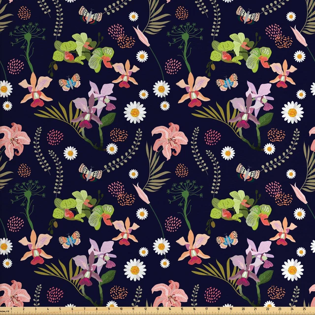 Botanisch Gewebe als Meterware Pflanzen Schmetterlinge Motif
