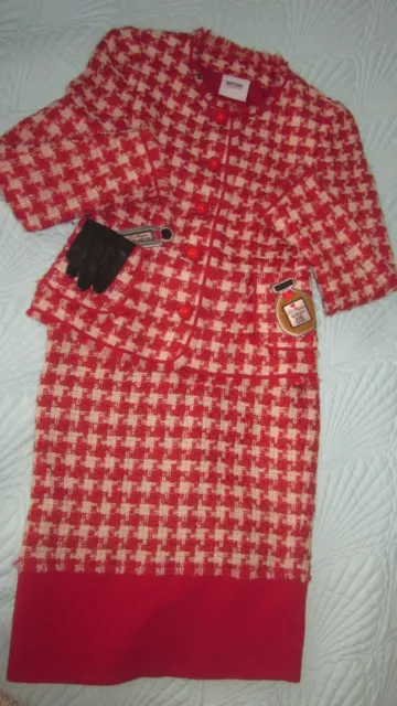 Moschino Houndstooth Red Ivory Virgin Wool Perfum Glove US Sz 8 6 Skirt Suit Set
