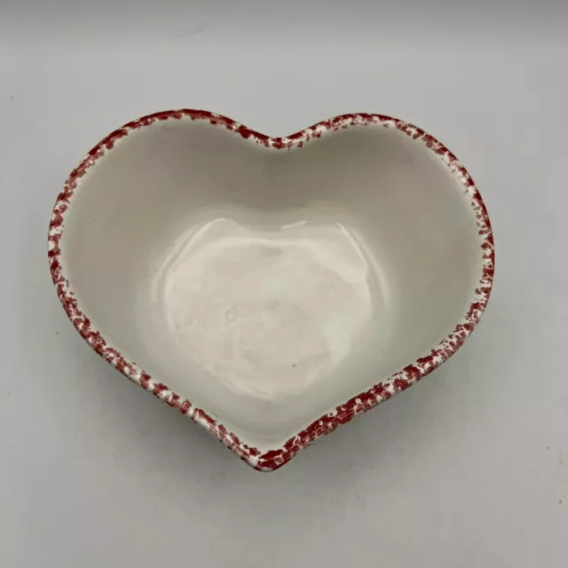 Pottery Heart Shaped Red & White Spongeware Dip Bowl/ Trinket Dish Farmhouse