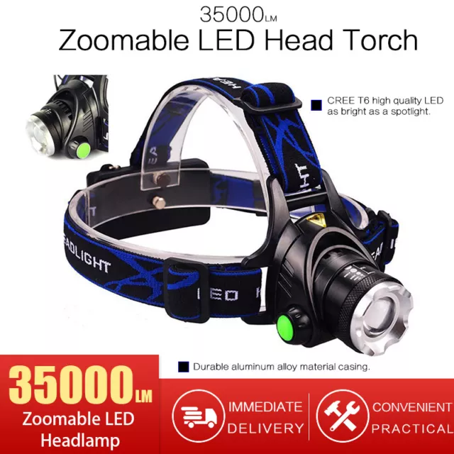 35000LM Zoomable LED Headlamp Rechargeable Headlight CREE XML T6 Head Torch