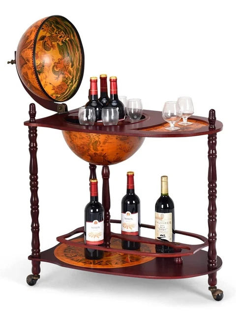Globe Bar Cart, 34.5” 16th Century Italian Wood Globe Wine Bar