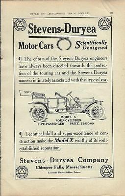 1910 Stevens-Duryea Model X Touring Car Co Ad/ Chicopee Falls MA