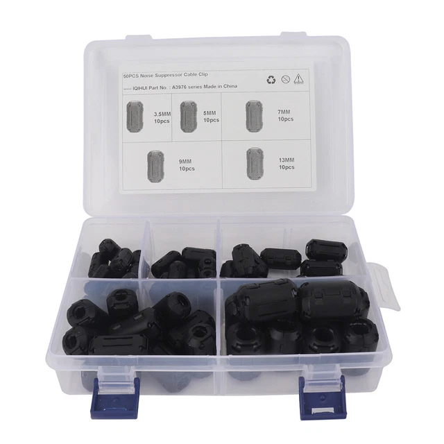 50x anello in ferrite nucleo RFI EMI clip cavo soppressore rumore 3,5 mm 5 mm 7 mm 9 mm 13 mm