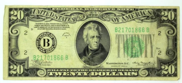 1934A $20  Green Seal Federal Reserve Note -  New York FRB  Circulated Condition