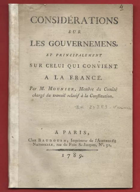 1789 Revolution Mounier Considerations Gouvernement Qui Convient A La France