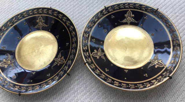LT Limoges Antique Plates Fine Porcelain Cobalt Blue And Gold Dia 4 Inch Pair