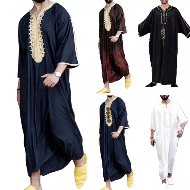 Men's Robe Muslim Clothing Saudi Arab Jubba Kaftan Dishdash Thobe Long Sleeve UK