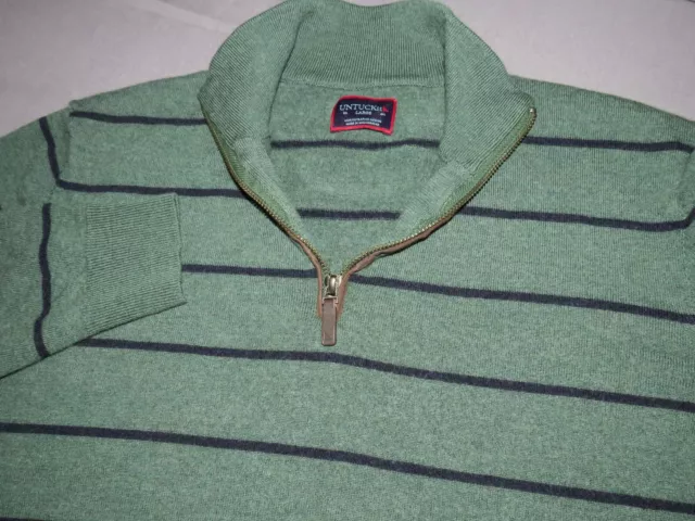 Men's UNTUCKit 100% Merino Wool Green Striped 1/4 Zip Sweater Large
