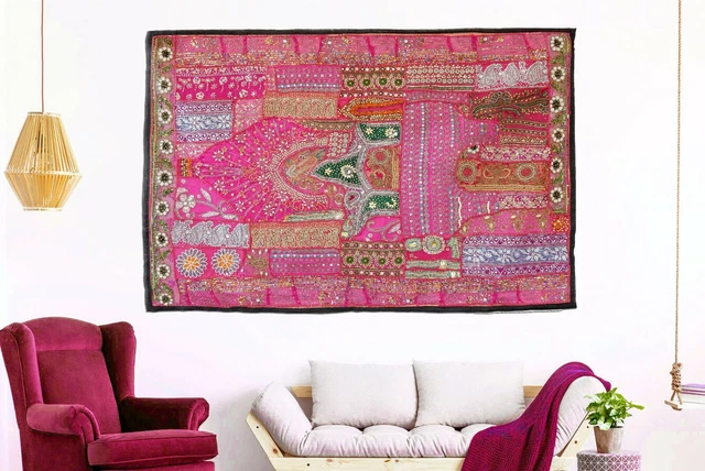 Déco Murale Vintage Tapisserie Murale Indienne Vintage Perles Miroir Fait Main - 33x46 Cm, Thème Floral & Animal Tenture Perles Miroirs Coton