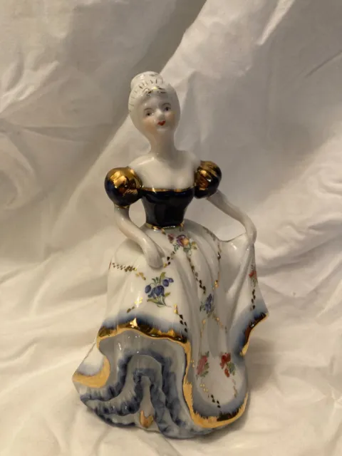 Vintage Porcelain Victorian Lady Figurine in Blue & White Dress with Gold Detail
