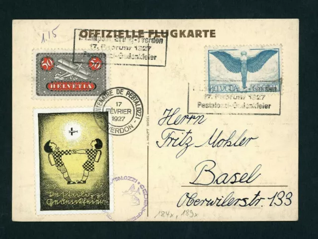 Schweiz Flugpost Karte Pestalozzi nach Basel 1927 Michel Nr. 184+189