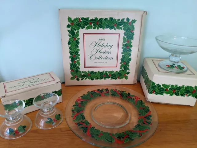 Avon Holiday Hostess Collection Candlesticks,Platter, Compote Vintage Christmas