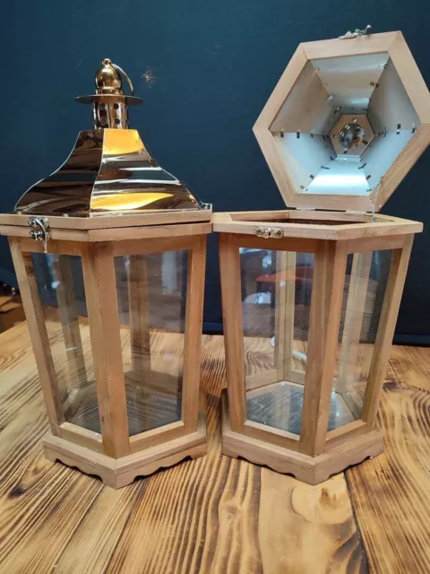 2x Large Lantern Candle Holder Hanging Wooden Lanterns Glass Garden Home Deco