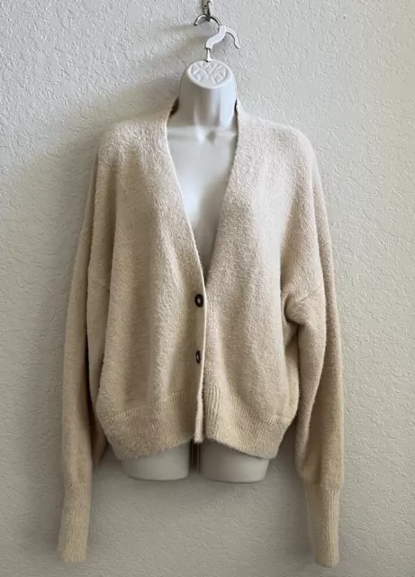 Urban Outfitters Thea Fuzzy Knit Slouchy Cardigan Sweater Cream Women’s Small