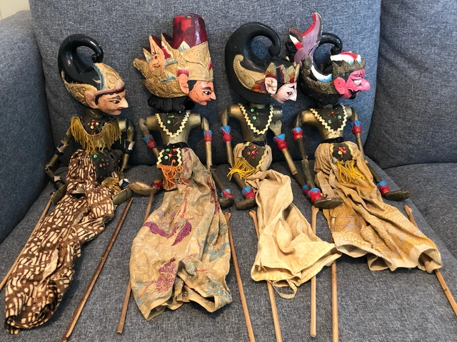 Set of four Wayang Golek hand painted wooden stick rod puppets