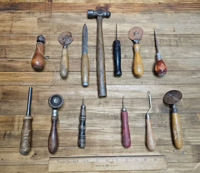 ANTIQUE Leatherwork Hand Tools Old Mixed Tool Lot Cutting Skiving Stitching ☆USA