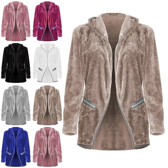 Womens Teddy Bear Cardigan Ladies Fleece Fluffy Fur Zip Pockets Long Jacket Coat