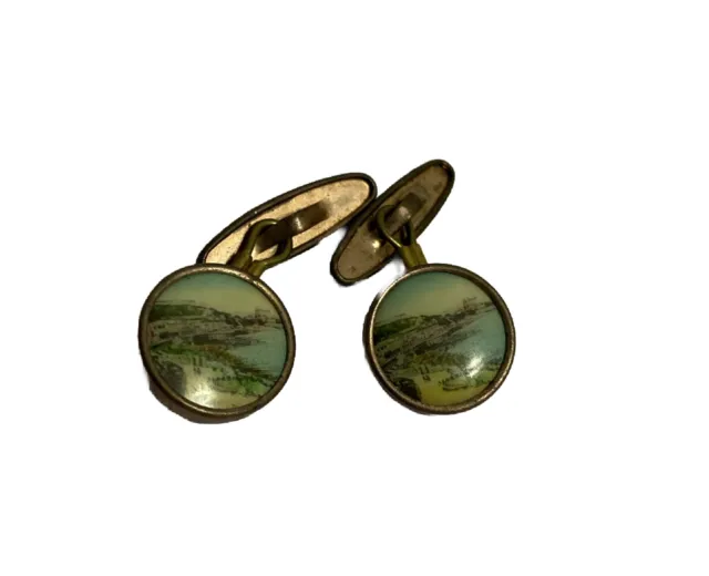 Vintage Art Deco Sea Coast On Gilt Metal Cuff Links vtd