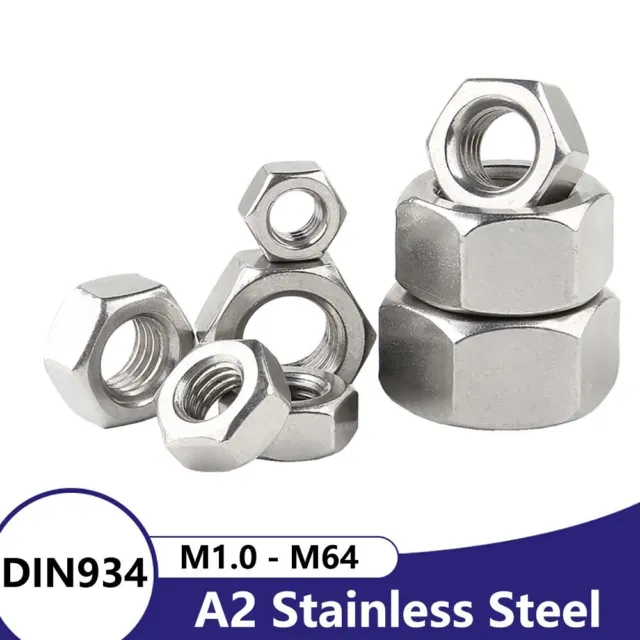 M1.0 M1.2 M1.4 M1.6 - M64 Hex Full Nut Hexagon Nuts DIN 934 Stainless Steel A2
