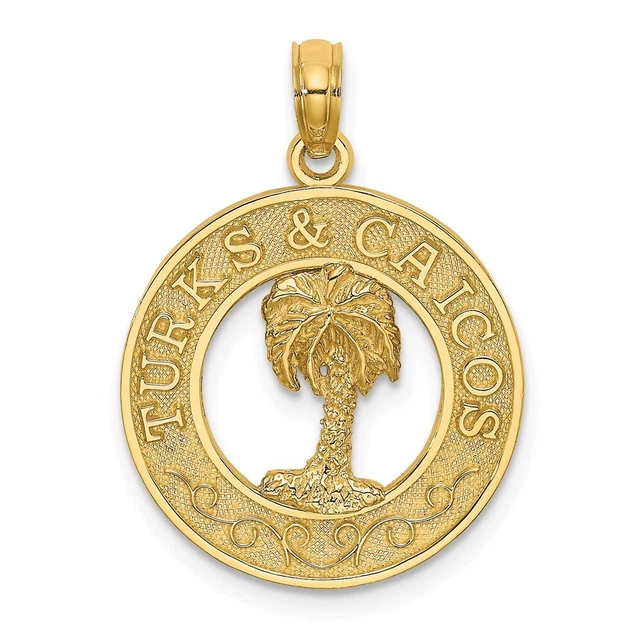 14K Yellow Gold TURKS AND CAICOS w/ Palm Tree Circle Charm