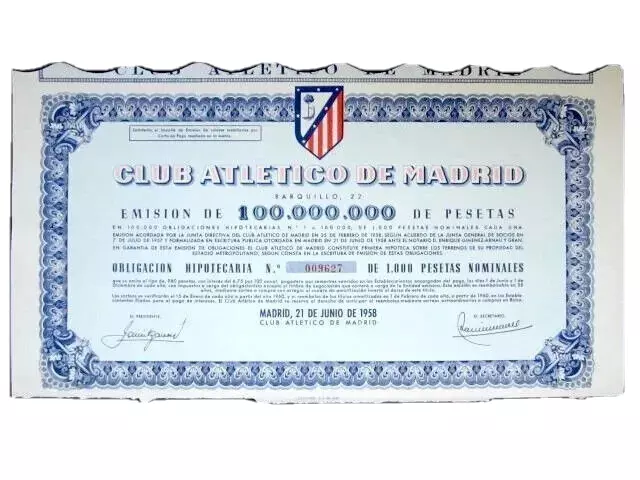 Spain Football Atletico Madrid Mortgage Bond 1000 Ptas Estadio Vicente Calderon