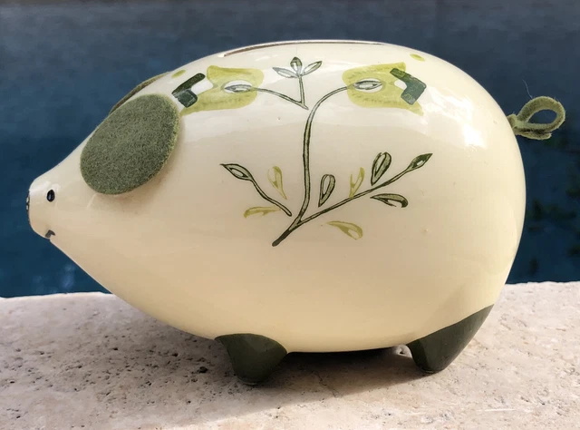 Vintage Retro Ceramic Art Pottery Piggy Bank Coin Pig Green Floral Felt Ecru