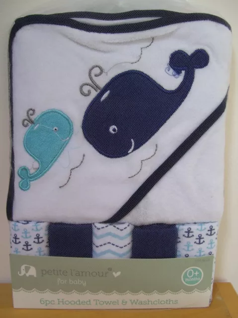 Petite L'Amour 6 Pc Whale Anchor Nautical Hooded Towel & Washcloths Gift Set
