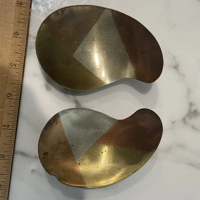 Vintage Pair Of Sterling Silver Bronze Copper Mexican Art Deco Candy Bowl Dish