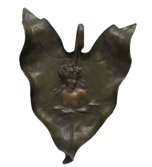 Beautiful Antique Art Nouveau Bronze Lady Leaf Tray!