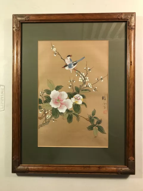 Original Vintage Chinese Birds Watercolor Painting on Silk Signed and Stamped