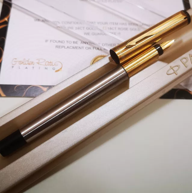 24ct Gold Plated Two Tone Parker Vector Fountain Writing Pen Gift Boxed Ink 24K