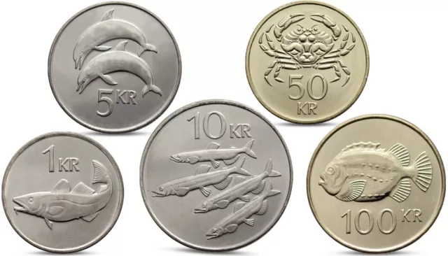 Iceland 5 Coins Set 1, 5, 10, 50, 100 Kronur Marine Fauna Dolphin Fish Unc