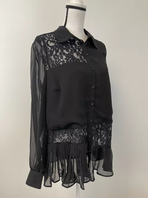 Topshop Shirt Womens Size 12 Button Up Black Chiffon Transparent Tunic N205